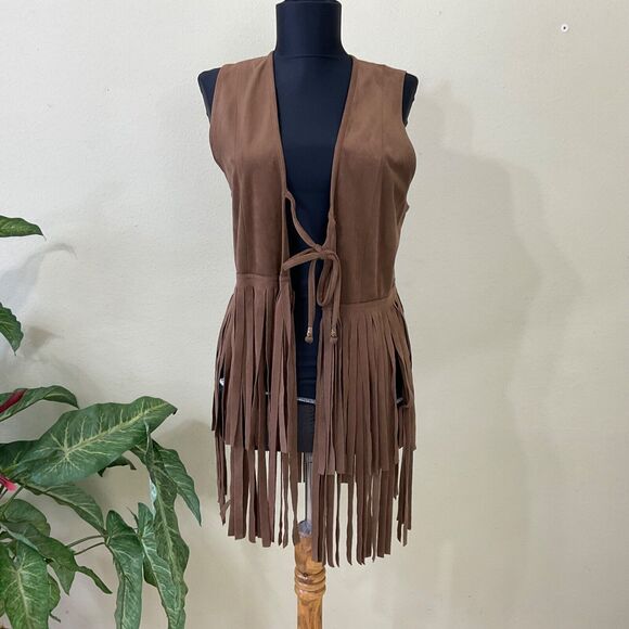 Women’s S Vest tie front Brown Faux Suede Fringe Rodeo Western Boho Yellowstone - Picture 1 of 12